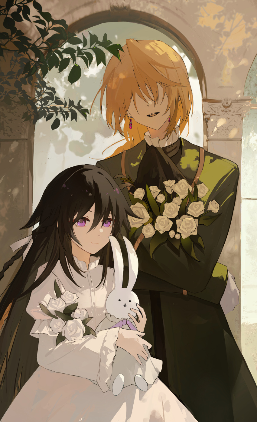 1boy 1girl absurdres alice_(pandora_hearts) black_hair blonde_hair bouquet coat covered_eyes dress earrings flower green_coat hair_over_eyes highres jack_vessalius jewelry long_hair open_mouth pandora_hearts purple_eyes rose smile stuffed_animal stuffed_rabbit stuffed_toy very_long_hair white_dress white_flower white_rose xiuning233