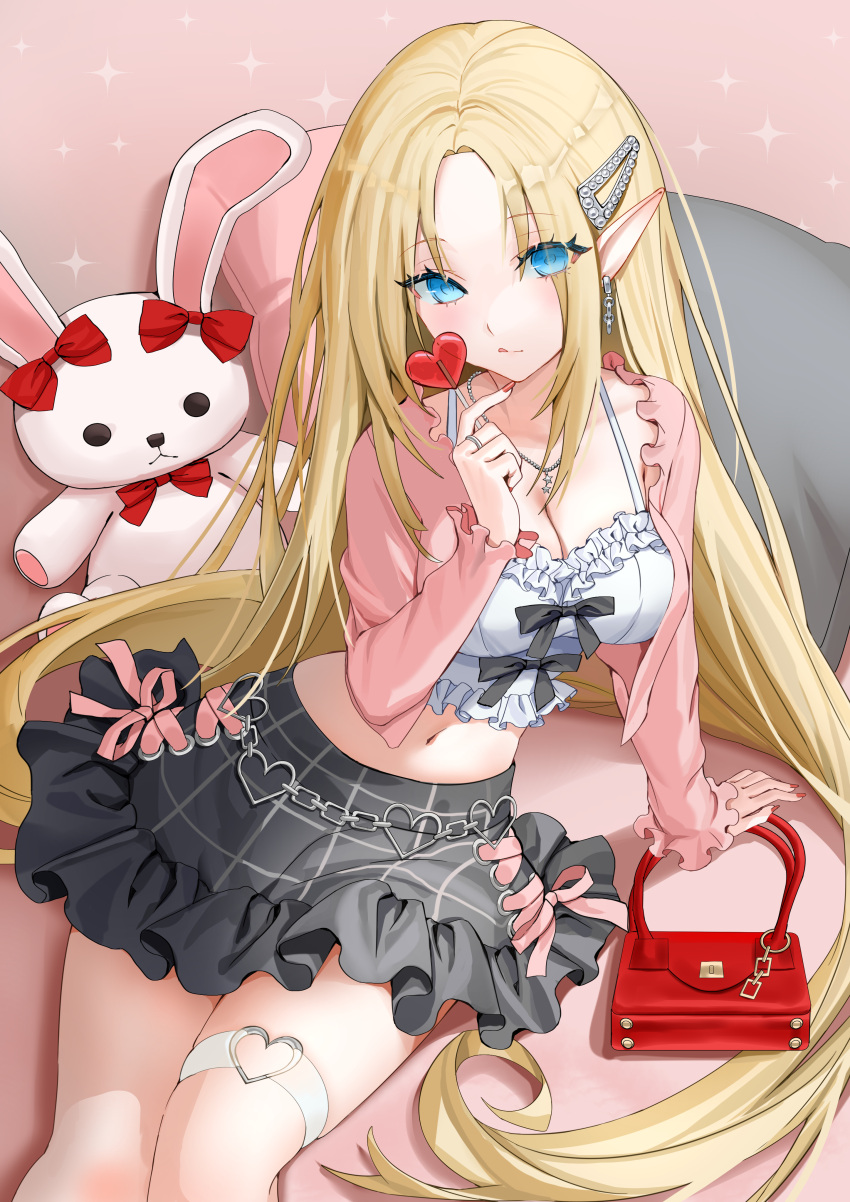1girl absurdres alpha_(kage_no_jitsuryokusha_ni_naritakute!) bag blonde_hair blue_eyes bow breasts camisole candy cleavage collarbone commentary_request crop_top cropped_jacket eyes_visible_through_hair food frilled_camisole frilled_skirt frills grey_skirt hair_ornament hairclip handbag heart heart_lollipop highres holding holding_candy holding_food holding_lollipop jacket jewelry kage_no_jitsuryokusha_ni_naritakute! lloule lollipop medium_breasts midriff nail_polish navel necklace open_clothes open_jacket parted_bangs pink_jacket pointy_ears red_bow red_nails ring shaped_lollipop skirt solo star_(symbol) stuffed_animal stuffed_rabbit stuffed_toy white_camisole