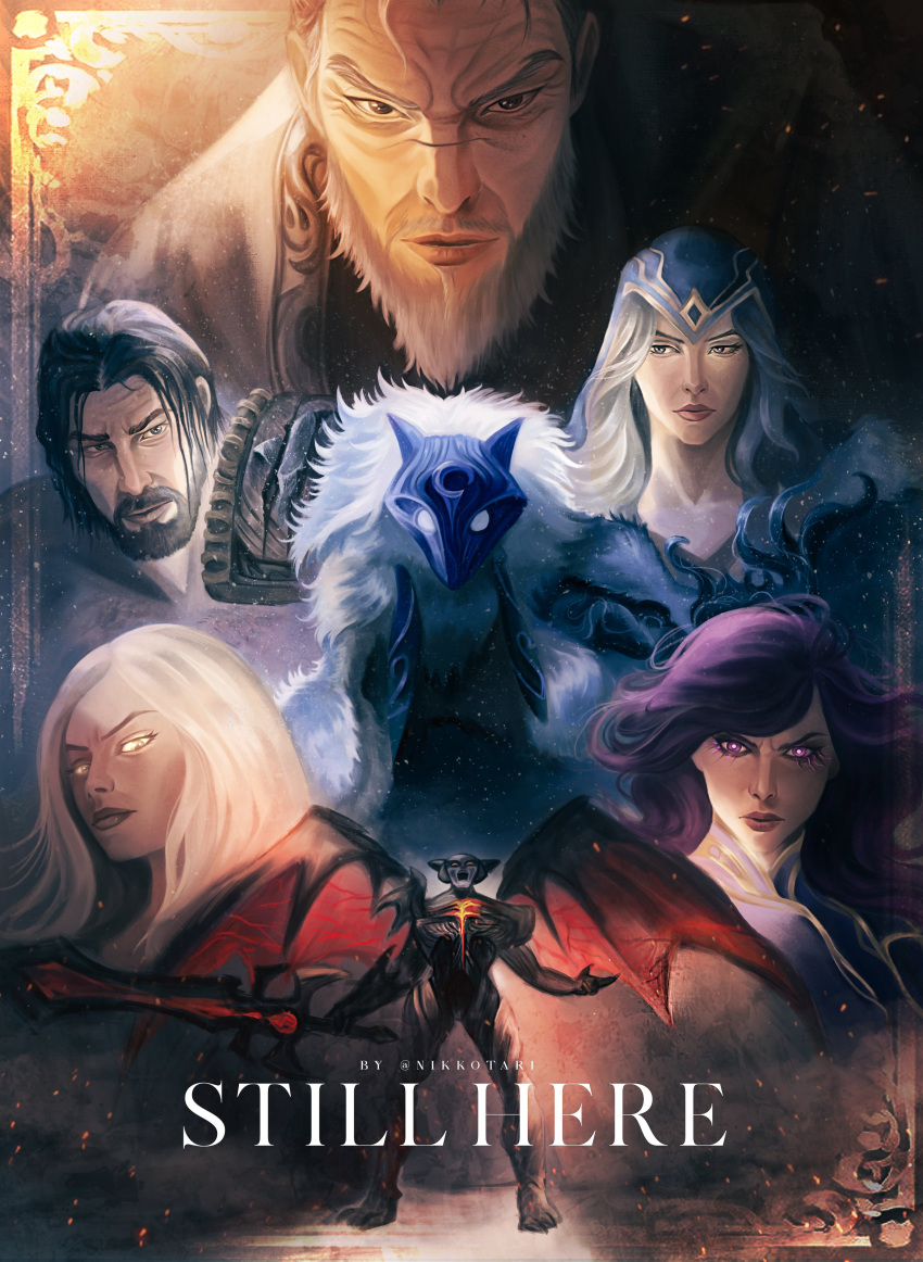 3boys 4girls aatrox absurdres artist_name ashe_(league_of_legends) beard black_hair black_skin blonde_hair body_fur bow_(weapon) closed_mouth colored_skin demon_boy demon_wings english_text facial_hair furry furry_female grey_fur grey_hair highres holding holding_bow_(weapon) holding_sword holding_weapon hood hood_up kayle_(league_of_legends) kindred_(league_of_legends) lamb_(league_of_legends) league_of_legends long_hair looking_at_viewer looking_up mask morgana_(league_of_legends) multiple_boys multiple_girls nikola_(nikkotari) red_skin short_hair shoulder_plates single_shoulder_pad sword tryndamere weapon wings yasuo_(league_of_legends)