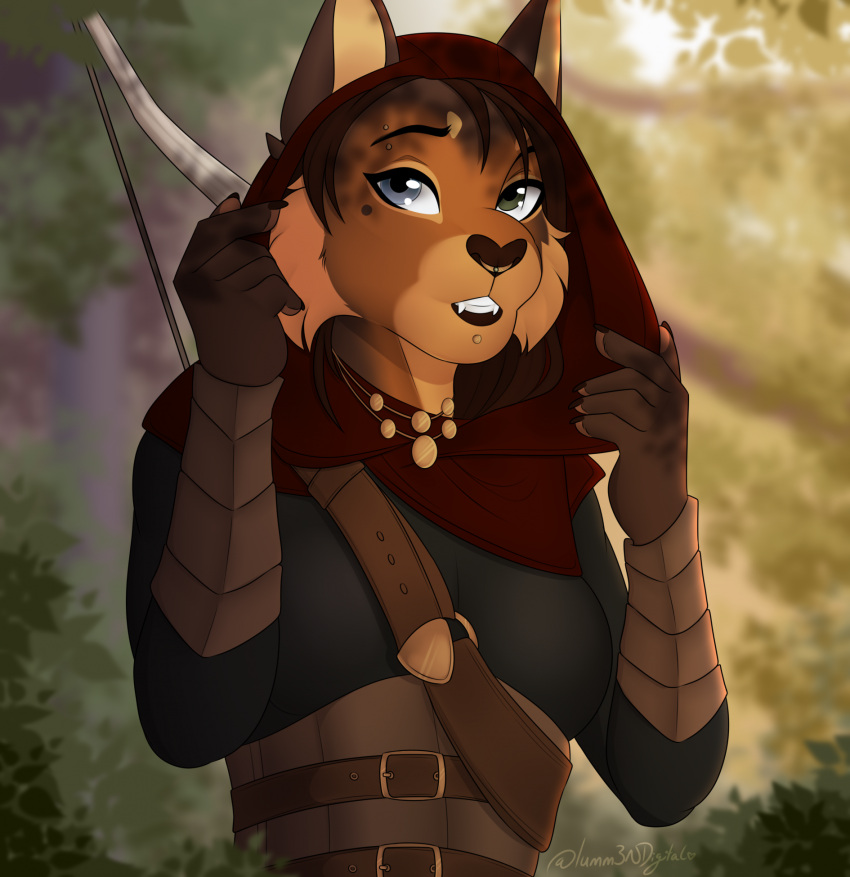 2023 anthro baldric belt bethesda_softworks biped blue_eyes bow_(weapon) breasts brown_hair brown_nose cheek_tuft clothed clothing detailed_background eyebrow_piercing eyebrows facial_piercing facial_spots facial_tuft fangs felid feline female forest forest_background fur furgonomics furry-specific_piercing green_eyes hair heterochromia hi_res hood iumm3n jewelry khajiit leaf lip_piercing lynx mammal nature nature_background necklace nose_piercing nose_ring orange_body orange_fur piercing plant ranged_weapon ring_piercing solo tan_body tan_fur teeth the_elder_scrolls tree tuft watermark weapon