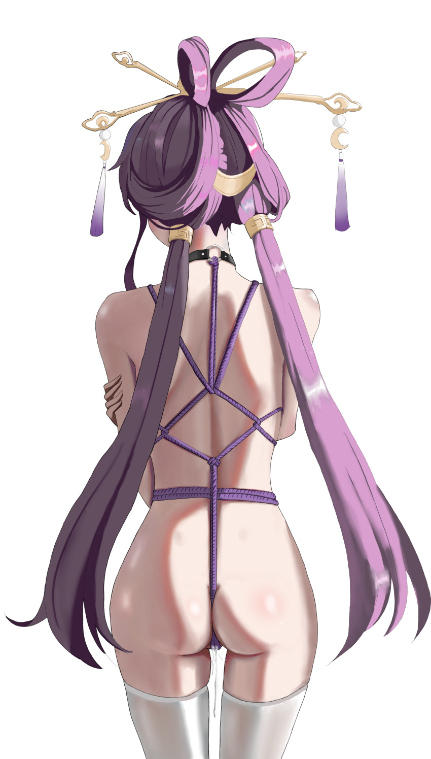 1girl absurdres ass bdsm bondage bound bow-shaped_hair choker commentary_request crescent crescent_hair_ornament crotch_rope fu_xuan_(honkai:_star_rail) hair_ornament hair_rings hair_stick highres honkai:_star_rail honkai_(series) long_hair low_twintails nude o-ring o-ring_choker purple_hair purple_rope purple_tassel pussy_juice rope shibari shiny_skin solo standing tassel tassel_hair_ornament thighhighs twintails white_thighhighs yi_yanhua_er_qing