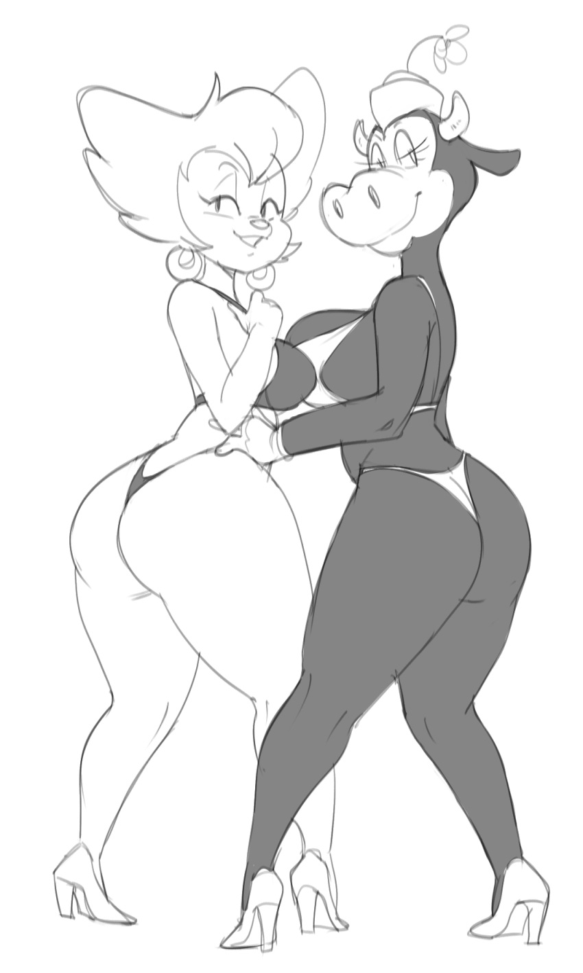2024 2_horns anthro bedroom_eyes bent_arm big_breasts big_butt big_eyes big_snout bikini biped black_and_white bovid bovine breast_size_difference breasts bulging_breasts butt cattle clarabelle_cow closed_smile clothed clothed_anthro clothed_female clothing countershade_face countershading curved_eyebrows dark_body dbaru digital_drawing_(artwork) digital_media_(artwork) disney duo ear_piercing ear_ring eyebrows eyelashes felid female female/female fingers flower footwear gloves goof_troop hair hand_on_another's_hip hand_on_hip handwear hat head_turned headgear headwear hi_res high_heels hoop_ear_ring horn humanoid_hands light_body light_hair long_eyelashes looking_at_viewer looking_back looking_back_at_viewer mammal mature_anthro mature_female monochrome mouth_closed narrowed_eyes peg_pete piercing plant pose rear_view ring_piercing seductive short_hair skimpy skimpy_bikini skimpy_swimwear smile smiling_at_viewer snout standing straight_leg swimwear thick_thighs thin_eyebrows