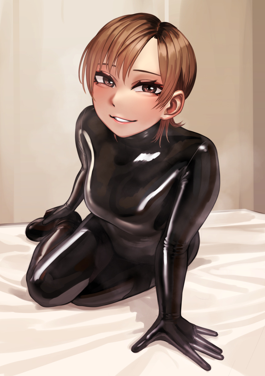 1girl absurdres arm_support bed_sheet black_bodysuit bodysuit breasts brown_eyes brown_hair full_body hand_on_own_foot highres kilye_kairi latex latex_bodysuit looking_at_viewer on_bed original parted_lips skin_tight smile solo