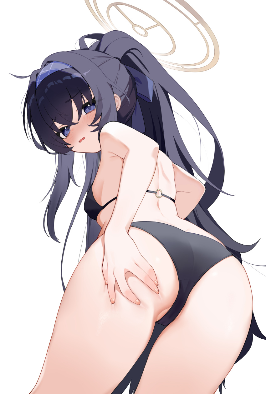 1girl absurdres ass bikini black_bikini black_hair blue_archive blue_eyes blue_hairband blue_ribbon breasts brown_halo commentary_request from_behind hair_ribbon hairband halo highres long_hair looking_at_viewer looking_back o-ring o-ring_bikini o-ring_top official_alternate_costume ponytail ribbon simple_background small_breasts solo swimsuit thighs ui_(blue_archive) ui_(swimsuit)_(blue_archive) very_long_hair white_background xiaoyu_chiaki