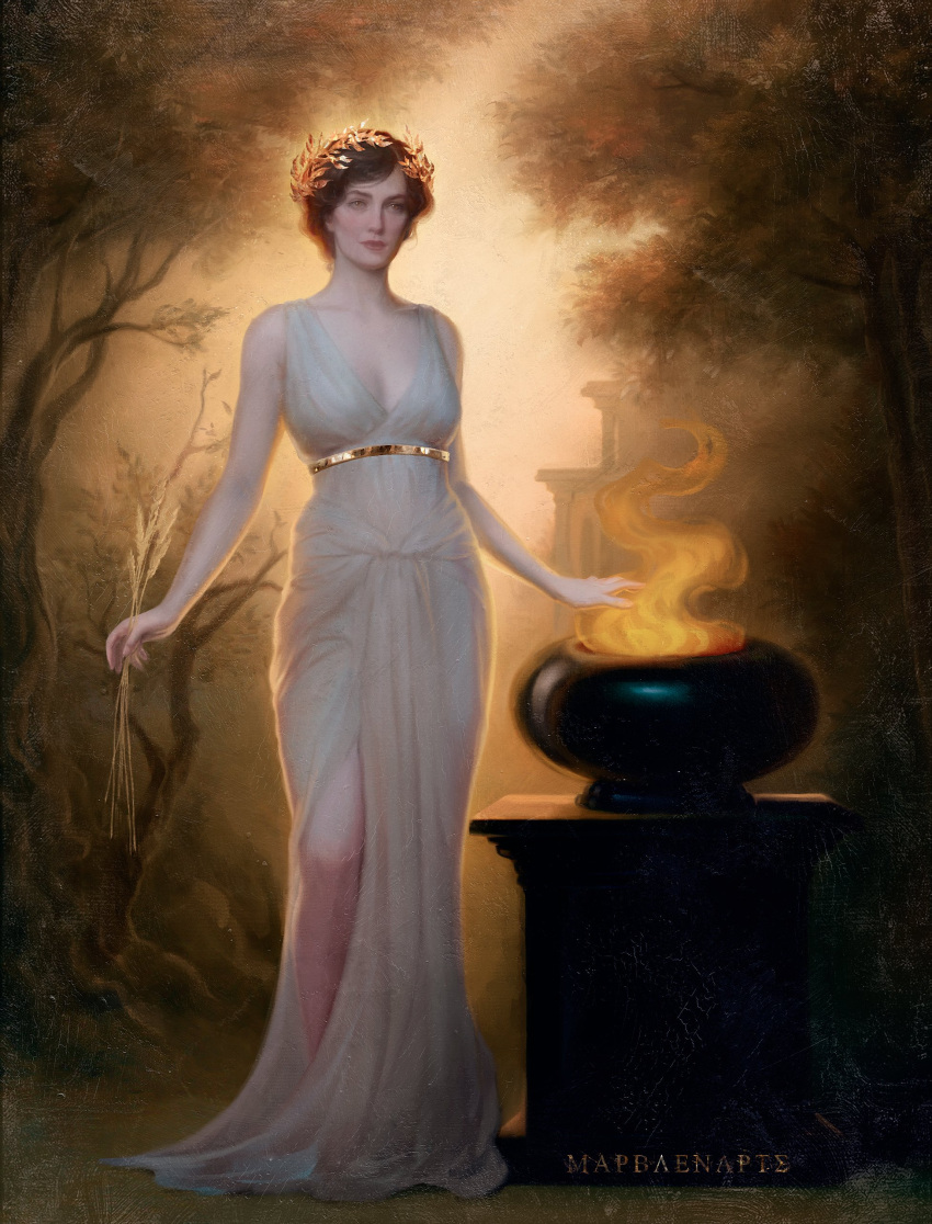 1girl absurdres backlighting breasts brown_eyes brown_hair dress fire full_body gold_belt greek_mythology greek_text hestia_(mythology) highres holding_wheat long_dress looking_at_viewer marblenxart medium_breasts sleeveless sleeveless_dress solo tree white_dress