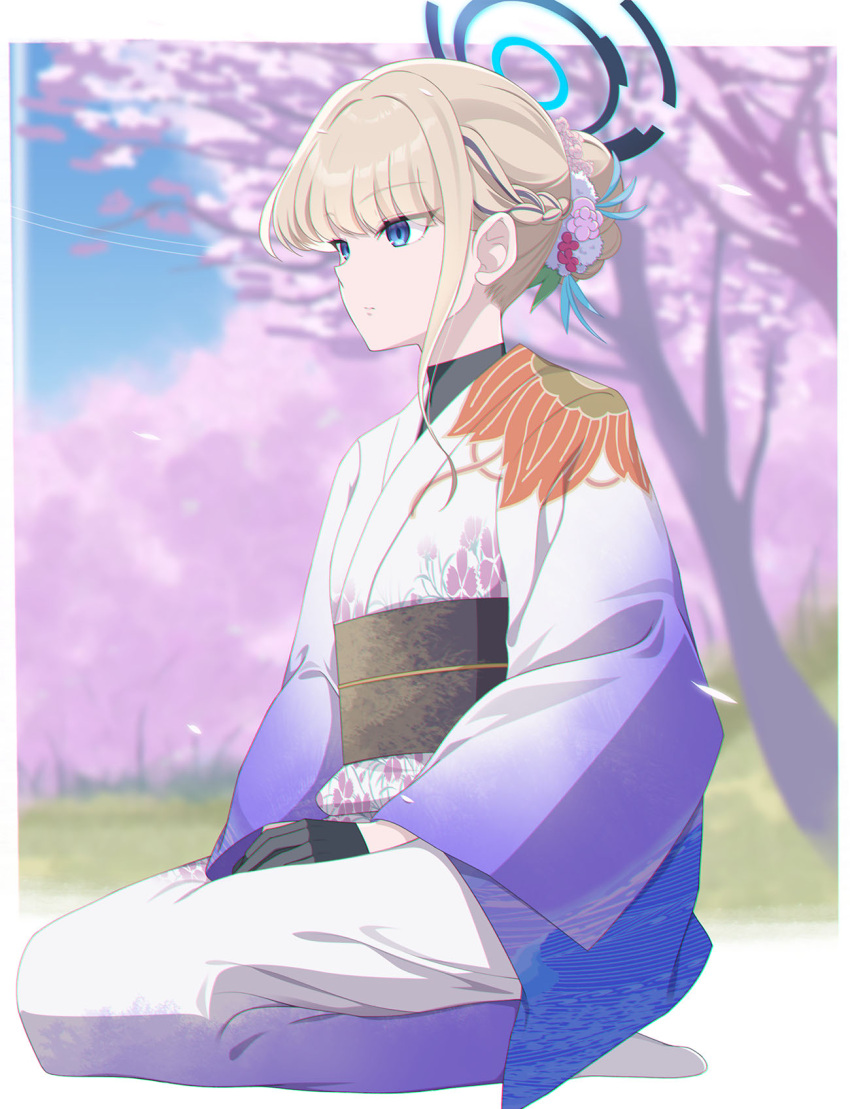 1girl alternate_costume black_gloves blue_archive blue_eyes blue_sky braid cherry_blossoms commentary_request eko eyes_visible_through_hair facing_away falling_petals fingerless_gloves gloves hair_bun hair_ornament halo highres japanese_clothes kimono light_brown_hair long_hair long_sleeves obi obiage petals pom_pom_(clothes) pom_pom_hair_ornament sash seiza sidelocks single_braid single_hair_bun sitting sky solo toki_(blue_archive) tree turtleneck_bodysuit wide_sleeves