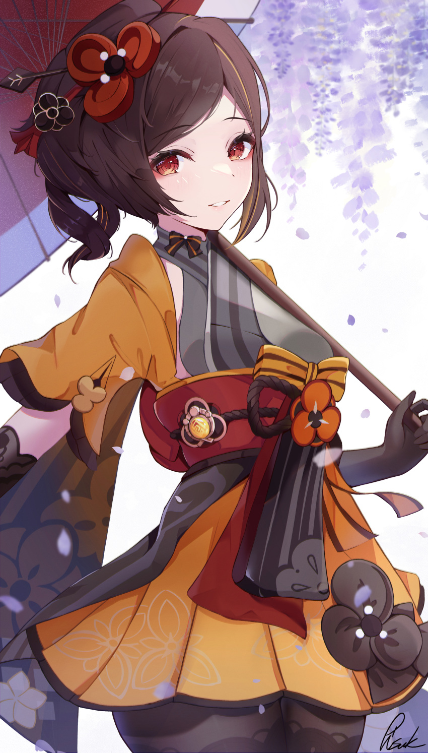 1girl absurdres brown_hair chiori_(genshin_impact) flower gaiters genshin_impact geo_symbol_(genshin_impact) gloves grey_kimono hair_ornament highres japanese_clothes kimono looking_at_viewer pisuke_(user_kcmh2774) red_eyes smile solo thighhigh_gaiters thighhighs yellow_kimono