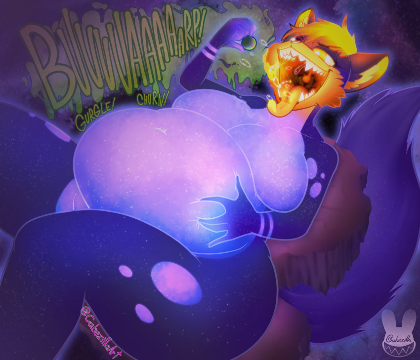 2024 5_fingers alexa_galaxa anthro anthro_pred artist_logo belly belly_squish big_breasts black_eyebrows black_eyelashes blue_body blue_ears blue_fur blue_tail bodily_fluids breasts burp_cloud burping cabezilla cosmic_body detailed_mouth dripping earth_(planet) english_text eyebrow_through_hair eyebrows eyelashes featureless_breasts female female_pred fingers fur gaping_mouth glowing glowing_body glowing_ears glowing_eyes glowing_fur glowing_hair glowing_tongue green_text hair half-closed_eyes hi_res holding_belly holding_planet humanoid_hands hyena inner_ear_fluff logo lying macro mammal multicolored_body multicolored_fur narrowed_eyes object_vore on_back onomatopoeia open_mouth orange_body orange_eyes orange_fur orange_hair orange_inner_ear orange_inner_ear_fluff orange_tongue overweight overweight_anthro overweight_female pink_text planet_dwarfing planet_vore rumbling_stomach saliva saliva_drip saliva_on_tongue sharp_teeth signature snout solo sound_effects space squish starry_body tail teeth text thick_thighs three-quarter_view tongue tongue_out translucent translucent_hair tuft two_tone_body two_tone_fur url uvula vore