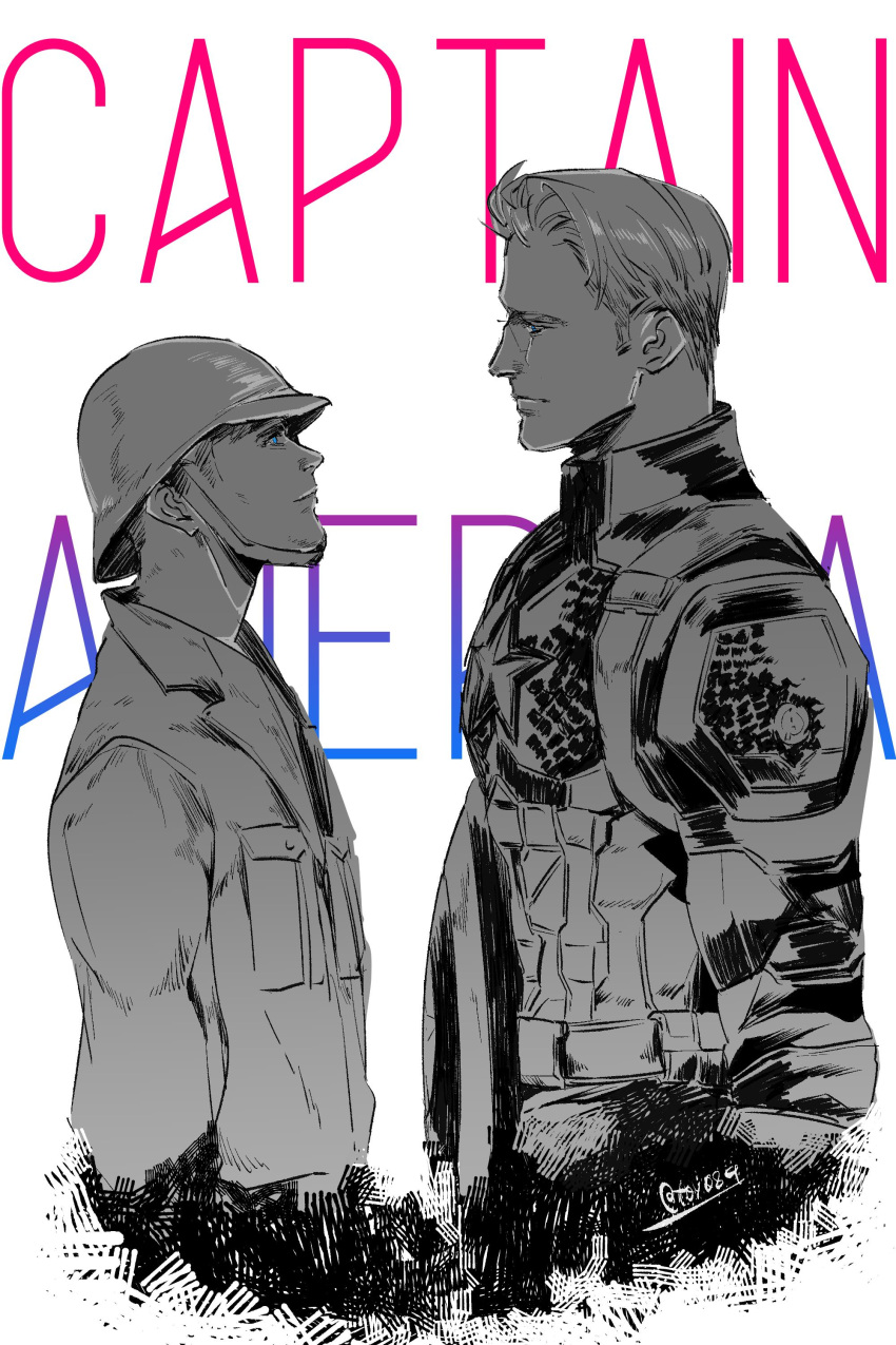 2boys absurdres artist_name avengers:_endgame avengers_(series) belt blue_eyes bodysuit buttons captain_america captain_america:_the_first_avenger captain_america_(series) character_name closed_mouth collared_jacket dual_persona english_commentary greyscale helmet highres holding holding_shield jacket long_sleeves looking_at_another male_focus marvel marvel_cinematic_universe military_uniform monochrome multiple_boys pocket shield short_hair simple_background smile standing star_(symbol) steve_rogers striped superhero toy_(toy084) uniform