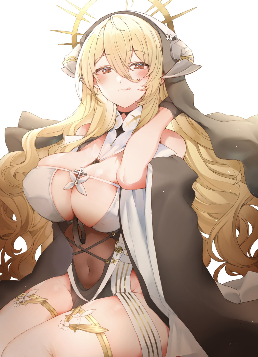 1girl absurdres azur_lane black_gloves blonde_hair blush breasts closed_mouth covered_navel cross fake_horns gloves habit hand_up highres horns implacable_(azur_lane) large_breasts licking_lips long_bangs long_hair long_sleeves looking_at_viewer nun orange_eyes shirochan simple_background sitting solo thighhighs tongue tongue_out veil very_long_hair white_background white_thighhighs wide_sleeves