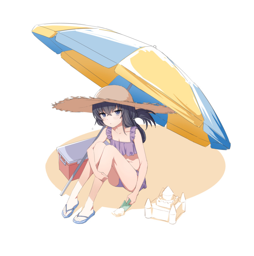 1girl :o alternate_costume alternate_hairstyle bags_under_eyes bangs bare_arms bare_legs beach_umbrella bikini black_eyes black_hair blue_archive blush breasts cleavage collarbone cooler erubesuto folded_ponytail frilled_bikini frills full_body hat highres knees_up long_hair looking_at_viewer purple_bikini sand sand_castle sand_sculpture sandals sitting small_breasts solo straw_hat swimsuit trowel ui_(blue_archive) umbrella