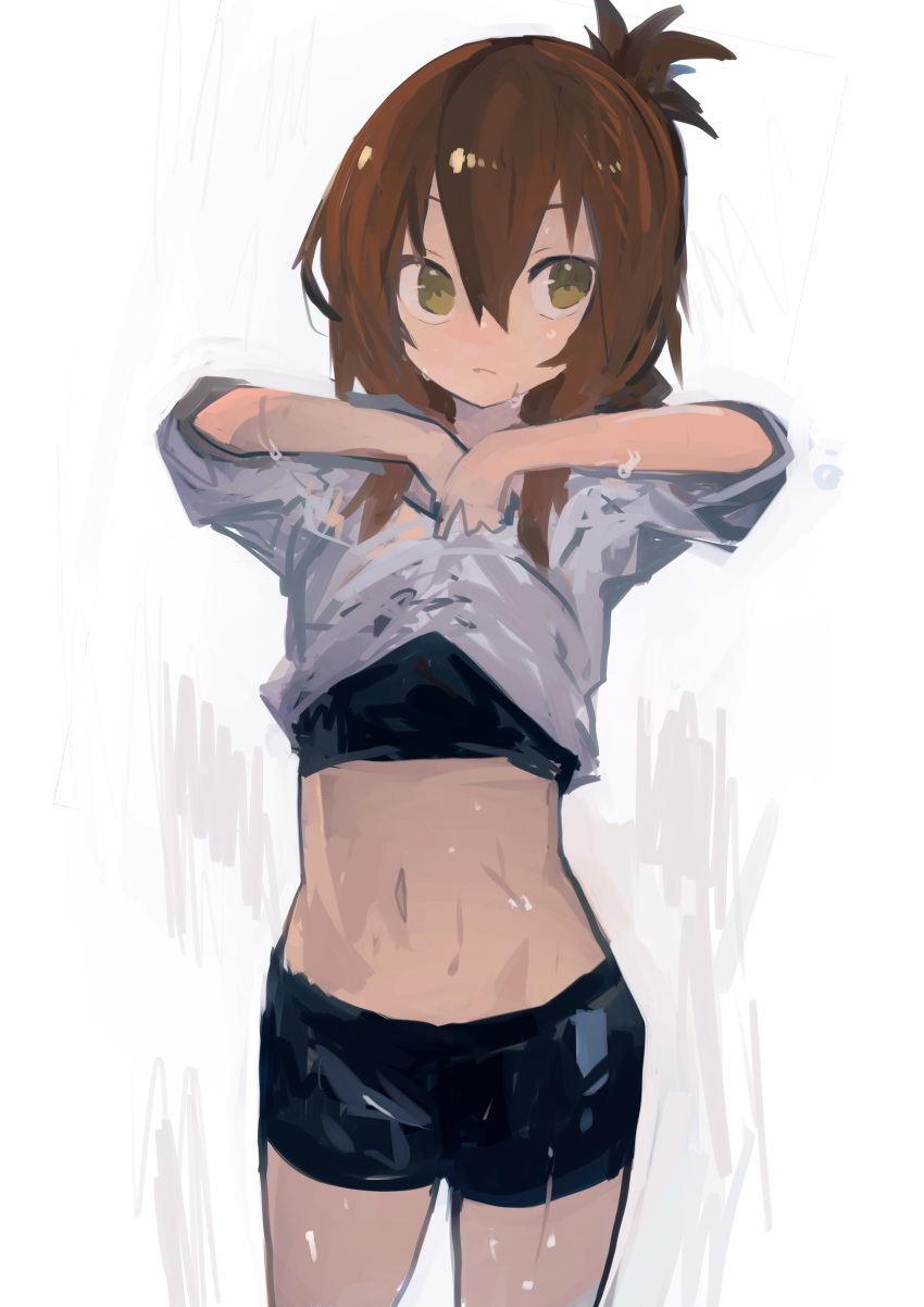 1girl absurdres bike_shorts black_shorts brown_eyes brown_hair closed_mouth cowboy_shot folded_ponytail hair_between_eyes highres inazuma_(kancolle) kaamin_(mariarose753) kantai_collection long_hair navel shirt shorts simple_background solo wet wet_clothes wet_shirt white_background white_shirt