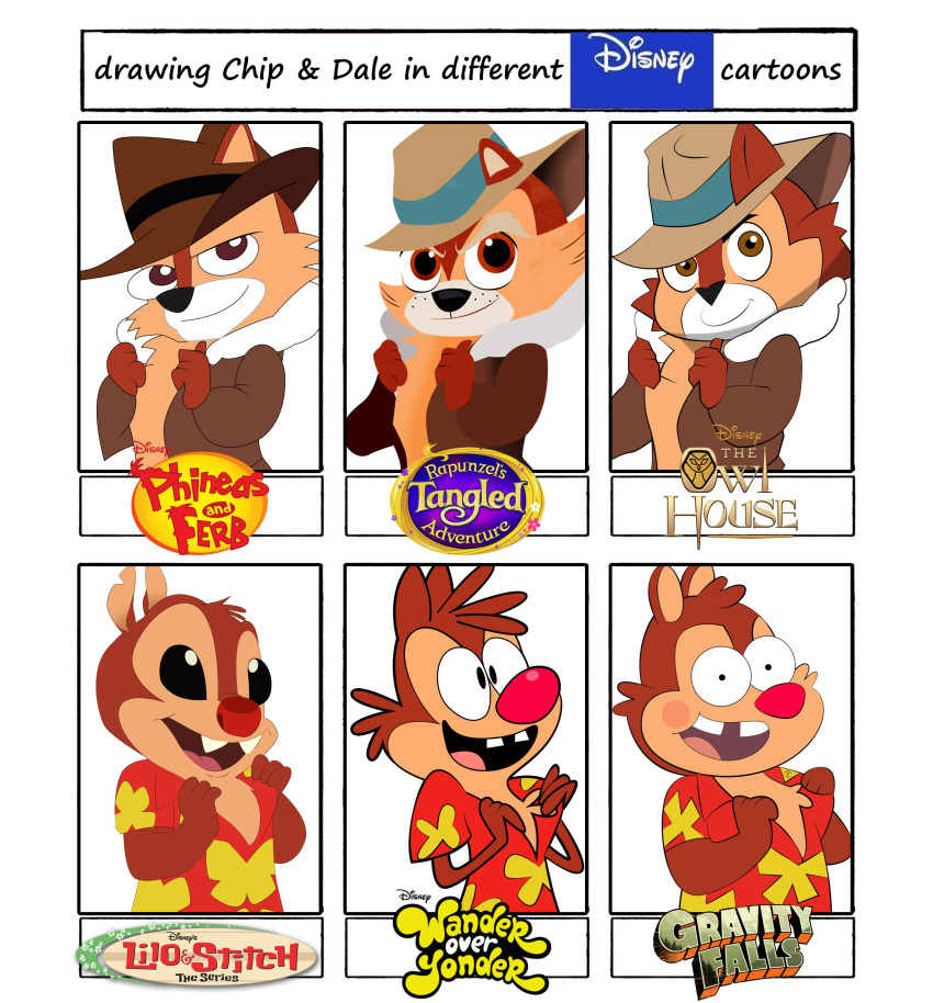 2022 absurd_res aloha_shirt anthro biped black_eyes black_nose brown_body brown_eyes brown_fur cheek_tuft chest_tuft chip_'n_dale_rescue_rangers chip_(disney) chipmunk clothed clothing crossover dale_(disney) digital_media_(artwork) disney duo english_text facial_tuft fedora fur gravity_falls ground_squirrel hat head_tuft headgear headwear hi_res jacket lilo_and_stitch male mammal meme notched_ear open_clothing open_jacket open_mouth open_smile open_topwear pattern_clothing pattern_shirt pattern_topwear phineas_and_ferb red_nose rodent sciurid shirt simple_background six_fanarts_challenge smile style_parody tan_body tan_fur tangled_(disney) text the_owl_house topwear tuft wander_over_yonder white_background xeternalflamebryx