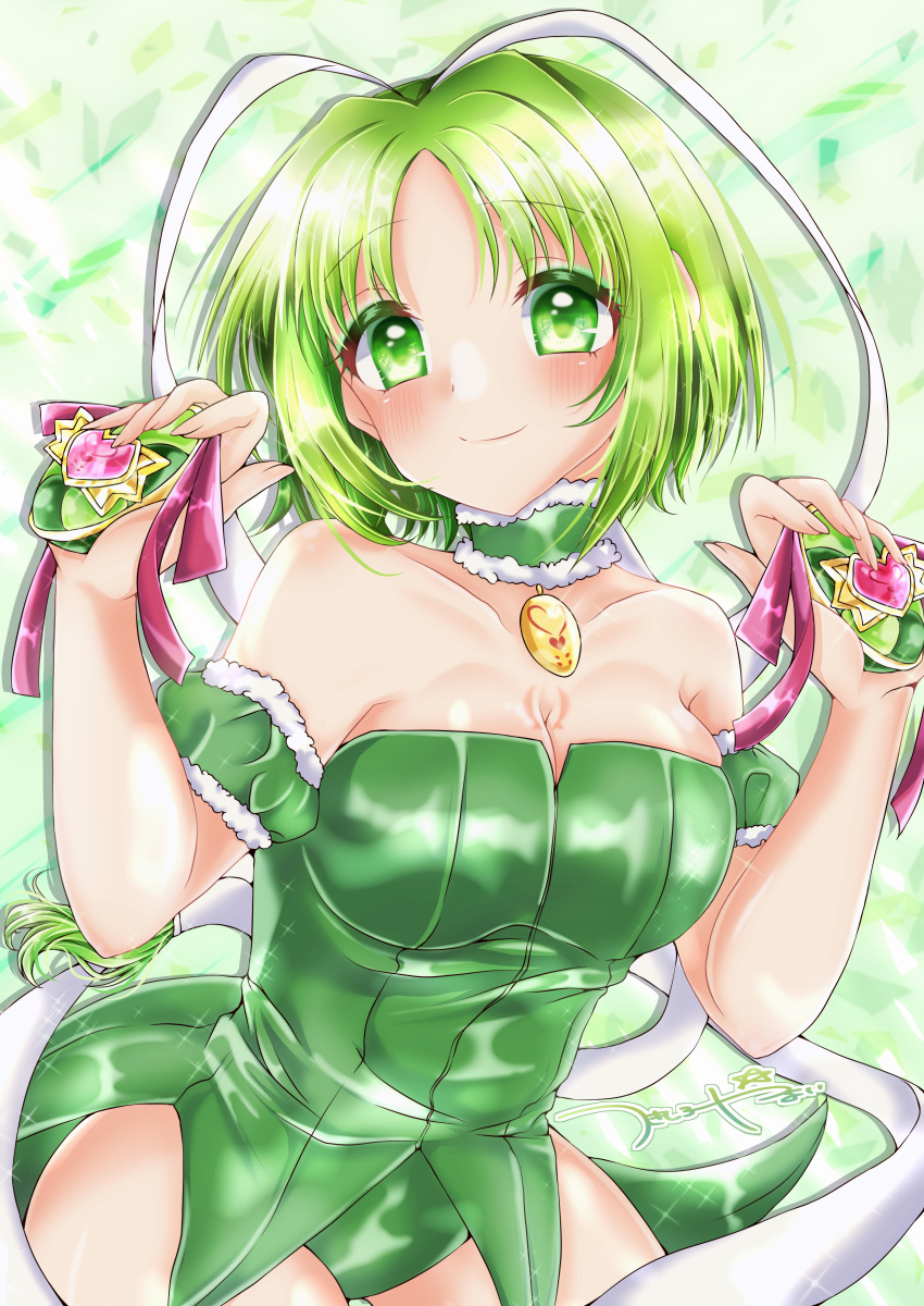 absurdres birthmark breasts castanets choker cleavage collarbone green_background green_choker green_eyes green_hair green_leotard green_theme hair_tubes highres instrument jewelry leotard long_hair magical_girl medium_breasts mew_lettuce midorikawa_lettuce pendant signature smile strapless strapless_leotard tailcoat tokyo_mew_mew tsukishiro_yayoi_(yumeir0) wrist_cuffs