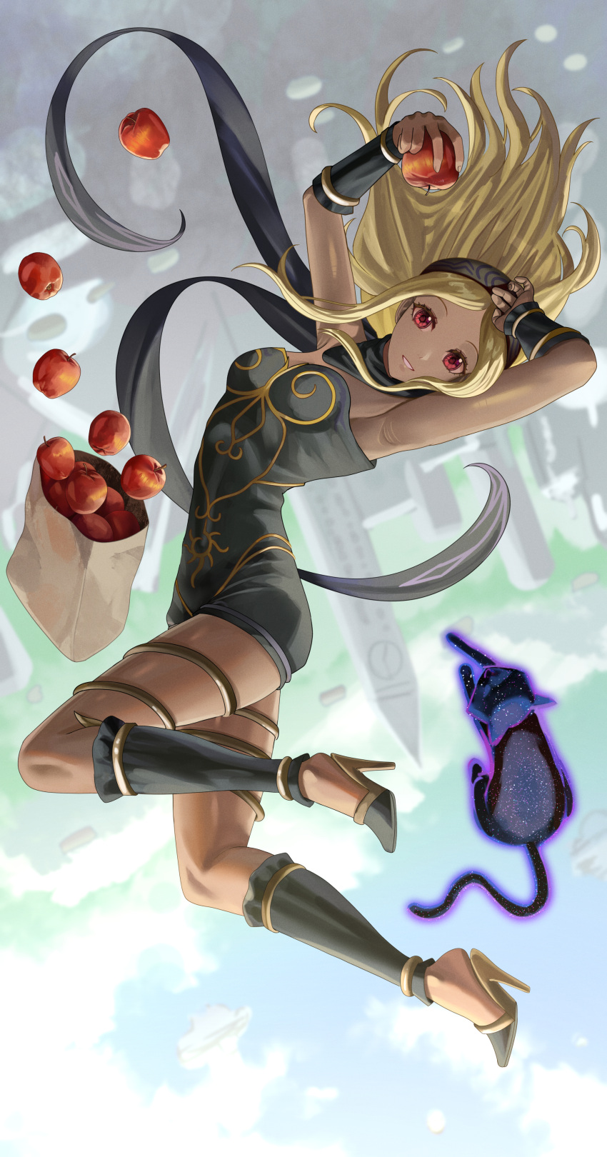 1girl 1other absurdres apple armpits arms_up bag bangs black_cat black_leotard black_scarf blonde_hair breasts cat commentary_request dark-skinned_female dark_skin dusty_(gravity_daze) english_commentary eyelashes floating food fruit gold_trim gravity_daze hairband high_heels highres kitten_(gravity_daze) leg_warmers legs leotard looking_at_viewer mixed-language_commentary paper_bag parted_bangs red_eyes scarf shadow sidelocks silvertsuki sleeveless thighs upside-down vambraces