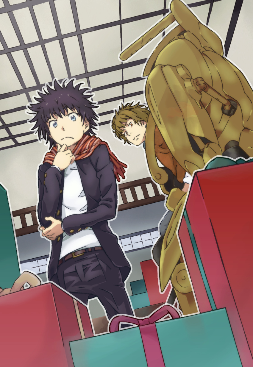 2boys belt black_hair black_jacket black_pants box brown_belt brown_eyes brown_hair brown_jacket closed_mouth colorized commentary externally_piloted_mecha feet_out_of_frame from_below from_side gazing_eye gift gift_box grey_pants haimura_kiyotaka hamazura_shiage hand_up highres indoors jacket kamijou_touma long_sleeves looking_at_viewer looking_down looking_to_the_side machinery mecha multiple_boys novel_illustration official_art open_clothes open_jacket orange_scarf pants robot scarf science_fiction shirt short_hair spiked_hair spoilers standing toaru_majutsu_no_index toaru_majutsu_no_index:_new_testament white_shirt