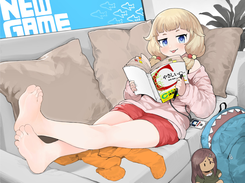 1girl absurdres ahagon_umiko animal_bag backpack bag bangs barefoot blonde_hair blue_eyes book character_doll closed_mouth copyright_name couch cushion doll feet full_body highres holding holding_book id_card indoors jacket lanyard long_hair looking_at_viewer menthako new_game! open_book pantyhose pantyhose_removed pink_jacket red_shorts sakura_nene shark_bag shorts sitting smile soles solo toes tongue tongue_out twintails