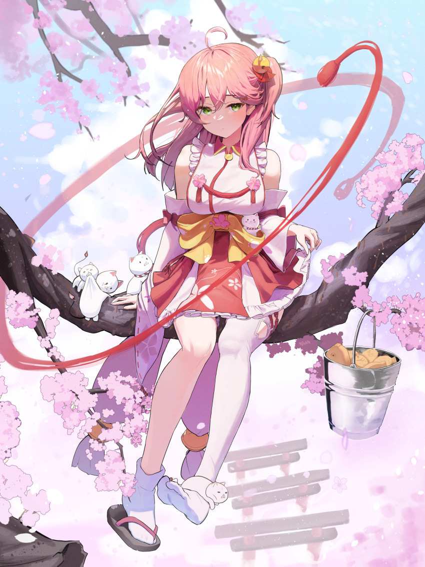 1girl 35p_(sakura_miko) absurdres ahoge asymmetrical_legwear bangs bare_shoulders bell blush breasts cat cherry_blossoms detached_sleeves full_body green_eyes hair_bell hair_between_eyes hair_ornament highres hololive in_tree jingle_bell large_breasts long_hair long_sleeves looking_at_viewer lovelyme no_shoes one_side_up pink_hair red_skirt sakura_miko sandals shirt single_sandal single_sock single_thighhigh sitting sitting_in_tree skirt skirt_hold socks solo thighhighs tree uneven_legwear virtual_youtuber white_shirt white_socks white_thighhighs