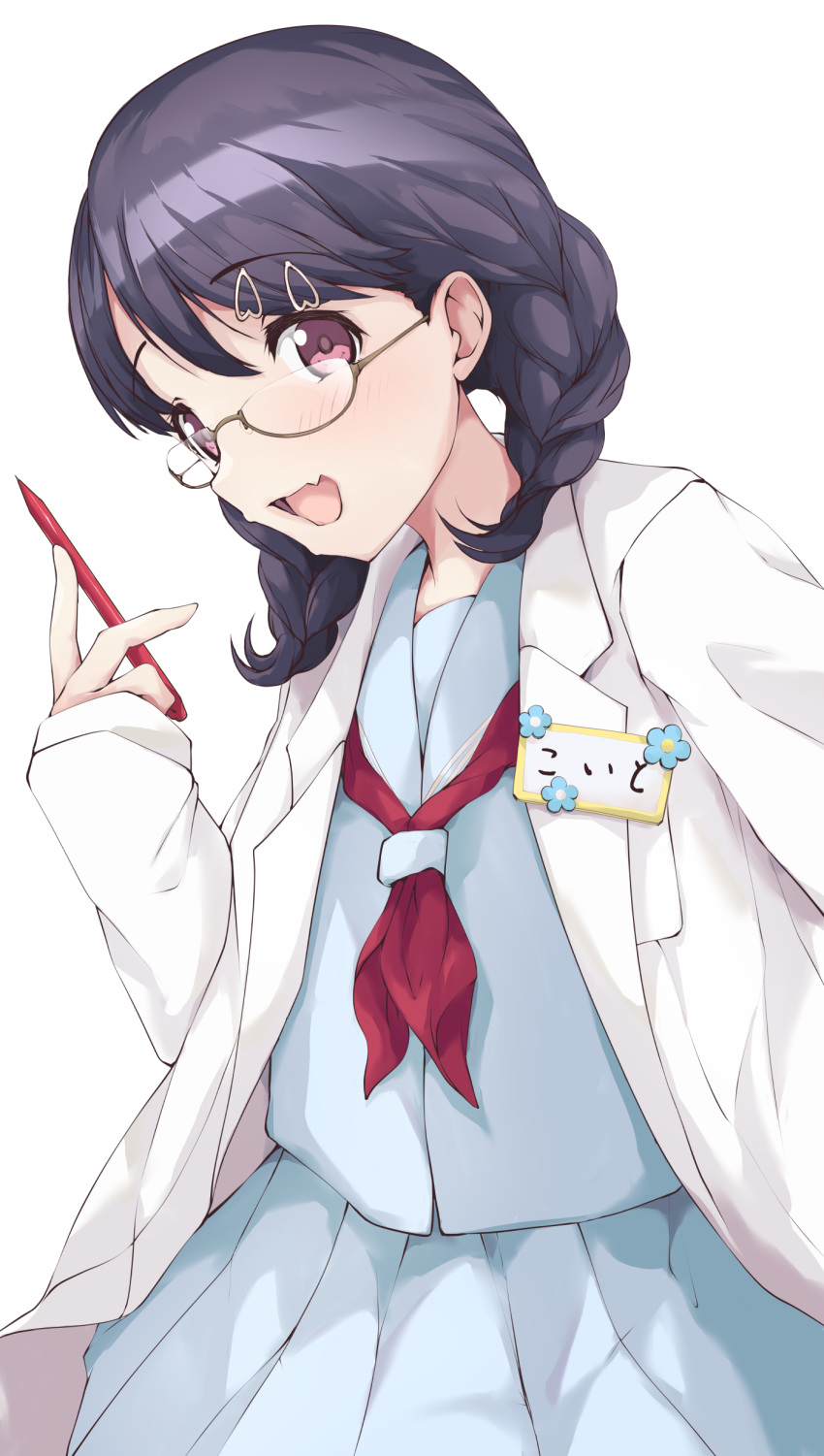 1girl absurdres black_hair braid commentary_request fang fukumaru_koito glasses hair_ornament hairclip highres idolmaster idolmaster_shiny_colors kuroba_aki labcoat long_hair looking_at_viewer low_twin_braids pleated_skirt purple_eyes school_uniform serafuku skin_fang skirt sleeves_past_wrists solo twin_braids twintails white_background