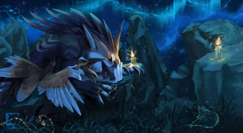 2022 ambiguous_gender avian beak bird claws detailed_background digital_media_(artwork) duo feathered_wings feathers feral fur grass gryph000 night open_mouth outside plant rock sky star starry_sky white_body white_fur wings