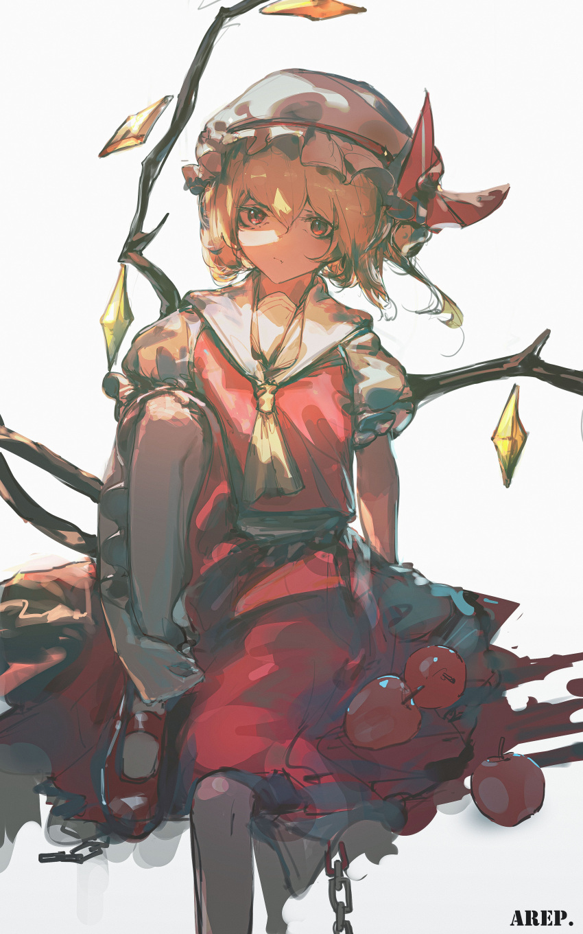 1girl absurdres alcxome apple ascot blonde_hair chain commentary crystal flandre_scarlet food foot_out_of_frame fruit hand_on_own_ankle hat hat_ribbon highres knee_up looking_at_viewer mary_janes medium_hair mob_cap puffy_short_sleeves puffy_sleeves red_eyes red_footwear red_ribbon red_skirt red_vest ribbon shirt shoes short_sleeves signature sitting skirt solo touhou vest white_background white_headwear white_shirt wings yellow_ascot