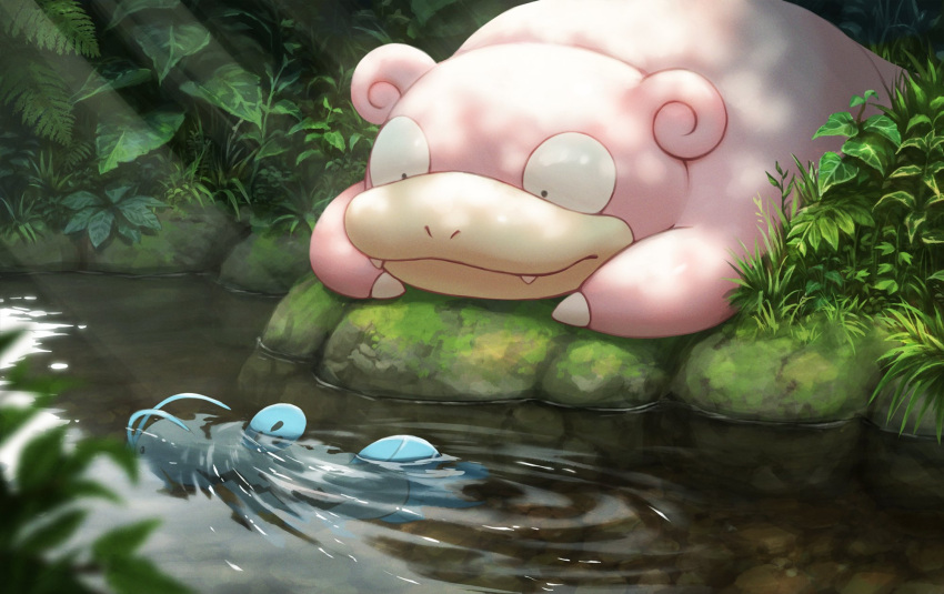 barboach blurry dappled_sunlight day depth_of_field fangs fangs_out grass highres light_rays lying moss no_humans on_stomach outdoors plant pokemon pokemon_(creature) rend rock scenery slowpoke stream sunlight swimming water