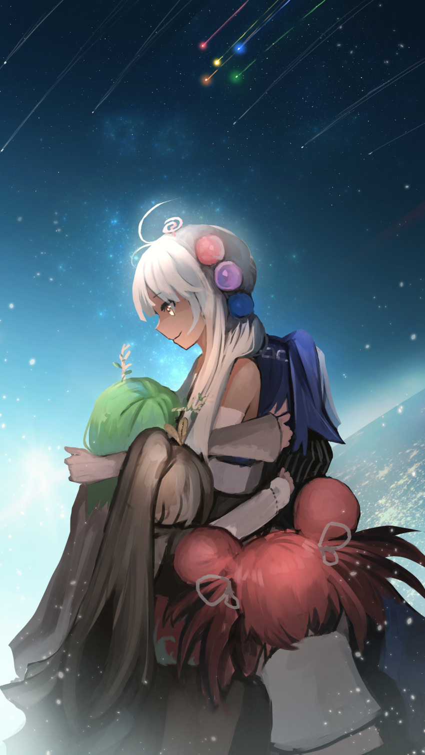 absurdres animal_ears anonamos antlers bangs black_hair blonde_hair blue_hair branch brown_hair ceres_fauna dark-skinned_female dark_skin elbow_gloves gloves green_hair group_hug hair_ornament hakos_baelz highres holocouncil hololive hololive_english hug limiter_(tsukumo_sana) long_hair mouse_ears mouse_girl multicolored_hair multiple_girls nanashi_mumei ouro_kronii planet_hair_ornament ponytail red_hair shooting_star short_hair smile space star_(sky) tsukumo_sana twintails very_long_hair virtual_youtuber white_hair