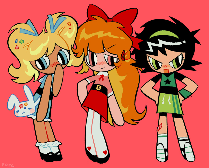 3girls :d arm_at_side bandaid bandaid_on_leg bangs belt belt_buckle bike_shorts black_belt black_footwear black_hair blonde_hair blossom_(ppg) blue_dress blue_eyes blue_ribbon blush bobby_socks bow bubbles_(ppg) buckle buttercup_(ppg) closed_mouth collared_shirt contrapposto covering_mouth d: dark-skinned_female dark_skin dress english_commentary frilled_legwear from_side full_body green_eyes green_hairband hair_bow hair_ornament hair_ribbon hairband hairclip half-closed_eye half_updo hand_on_hip hand_over_own_mouth hand_up hands_on_hips heart heart_print highres large_bow leaning_forward legs_apart legs_together long_hair looking_at_viewer looking_to_the_side mary_janes miniskirt multiple_girls neck_ribbon no_nose open_mouth orange_hair pantyhose pink_eyes pink_shirt poppy_(p0ply) powerpuff_girls red_background red_bow red_ribbon red_skirt ribbon shirt shirt_tucked_in shoes short_dress short_sleeves siblings side-by-side signature simple_background sisters skirt sleeveless sleeveless_dress smile socks standing star_(symbol) star_print straight-on swept_bangs toon_(style) tsurime twintails very_long_hair white_footwear white_pantyhose white_socks wing_collar wristband