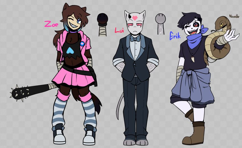 &lt;3 1_horn 2022 absurd_res anthro arm_markings badge baseball_bat bat_(object) black_clothing black_hair black_sclera blue_eyes blue_highlights blue_kerchief bonestheskelebunny01 boots bottomwear bow_tie brown_body brown_fur clothing crop_top domestic_cat dyed-hair erik_(bonestheskelebunny01) facial_markings felid feline felis female feral flat_chested footwear forehead_markings fur grey_body grey_fur grey_skin group hair hand_wraps head_markings hi_res highlights_(coloring) horn humanoid kerchief knee_highs knee_socks legwear lui_(bonestheskelebunny01) male mammal markings munchkin_cat pattern_clothing pattern_legwear pink_clothing pink_eyes red_eyes reptile rolled_up_sleeves scalie sharp_teeth shirt shoes shorts simple_background skinny_tail skirt snake sneakers socks spiked_bat striped_clothing striped_legwear stripes suit teenager teeth toeless_footwear topwear white_body white_skin wraps young zoe_(bonestheskelebunny01)