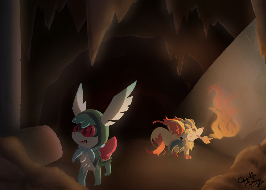 cave clothing duo elemental_manipulation exploring eyewear fennekin feral fire fire_manipulation goggles legendary_pok&eacute;mon nintendo pok&eacute;mon pok&eacute;mon_(species) pok&eacute;mon_mystery_dungeon quentinmimikyu ruins scarf shaymin shiny_pok&eacute;mon shrike_(shaymin) sky_forme_shaymin staff torch video_games