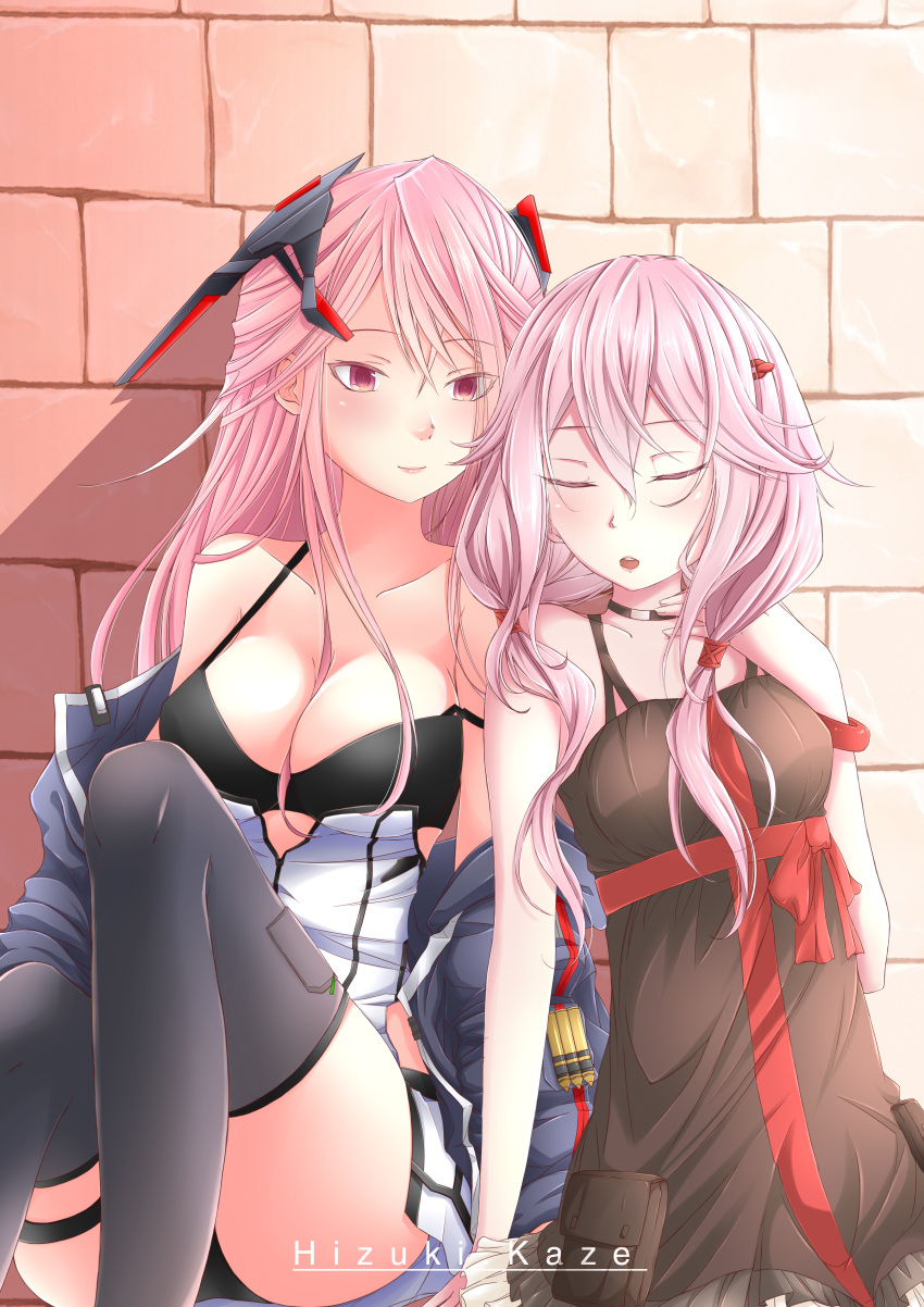 2girls :o absurdres artist_name bangs bare_shoulders black_bra black_choker black_dress black_thighhighs blue_jacket blush bra bra_strap breasts choker cleavage closed_eyes closed_mouth collarbone dress feet_out_of_frame girls'_frontline guilty_crown hair_ornament hairclip hand_on_own_chest highres hizuki.kaze jacket jacket_pull long_hair looking_at_another m82a1_(girls'_frontline) medium_breasts multiple_girls on_floor open_clothes open_jacket open_mouth parted_lips pink_hair purple_eyes smile thighhighs thighs underwear wall yuri yuzuriha_inori