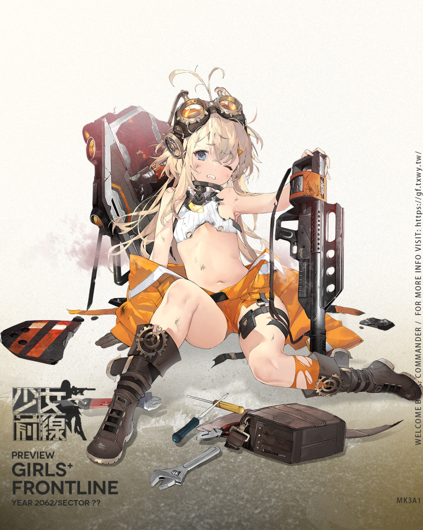 1girl bangs black_gloves blonde_hair blue_eyes boots breasts brown_footwear character_name copyright_name crop_top crushed damaged english_text eyewear_on_head floor full_body gears girls'_frontline gloves gun hair_ornament hairclip hand_on_floor highres holding holding_gun holding_weapon jacket jacket_pull long_hair looking_at_viewer mk3_grenade mk3a1_(girls'_frontline) namyo navel official_art on_floor one_eye_closed open_clothes open_jacket open_mouth orange_jacket orange_shorts orange_socks promotional_art safety_glasses screwdriver shield shorts shotgun simple_background single_glove small_breasts socks solo teeth_hold tool_belt tools torn_clothes torn_jacket torn_legwear weapon wrench