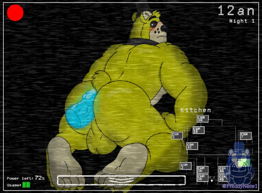 anthro anthro_on_anthro backsack balls big_butt bodily_fluids butt camera_view disembodied_penis duo erection feet five_nights_at_freddy's freddynetwgay from_behind_position fur genital_fluids genitals golden_freddy_(fnaf) hot_dogging humanoid_genitalia humanoid_penis looking_back male male/male mammal muscular muscular_anthro muscular_male penile penis perineum precum scottgames sex soles tan_body tan_fur ursid video_games yellow_body yellow_fur