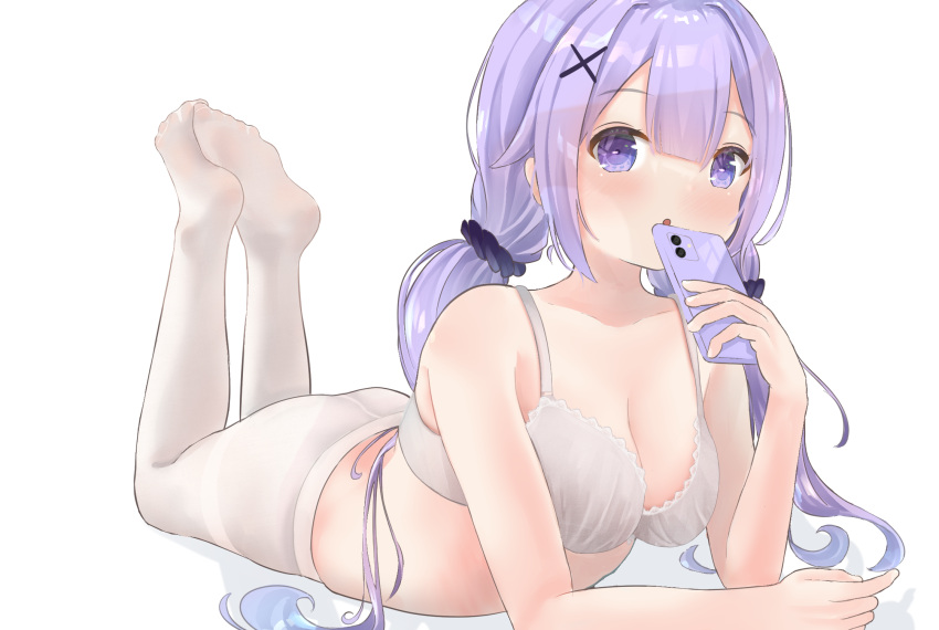 1girl :o azur_lane blush bra breasts cellphone commentary_request feet hair_ornament hair_scrunchie highres long_hair looking_at_viewer low_twintails lying medium_breasts mukaino_kei no_shoes on_stomach pantyhose phone purple_eyes purple_hair scrunchie simple_background soles solo the_pose twintails underwear unicorn_(azur_lane) white_background white_bra white_pantyhose x_hair_ornament