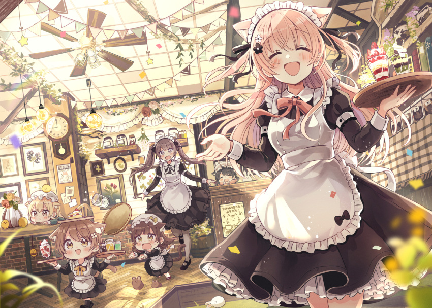 6+girls :d :t ^_^ animal_ear_fluff animal_ears apron black_dress black_hair blonde_hair blush brown_eyes brown_hair cat_ears cat_girl cat_tail ceiling_fan chair chibi clock closed_eyes closed_mouth commentary_request cup dress drinking_glass flower food frilled_apron frills fruit hair_flower hair_ornament hat highres holding holding_tray indoors layered_sleeves long_hair long_sleeves maid maid_apron maid_headdress minigirl mob_cap multiple_girls original pennant pink_hair pout puffy_short_sleeves puffy_sleeves roman_numeral sakura_oriko short_over_long_sleeves short_sleeves smile strawberry string_of_flags table tail tray twintails very_long_hair wall_clock white_apron white_flower white_headwear