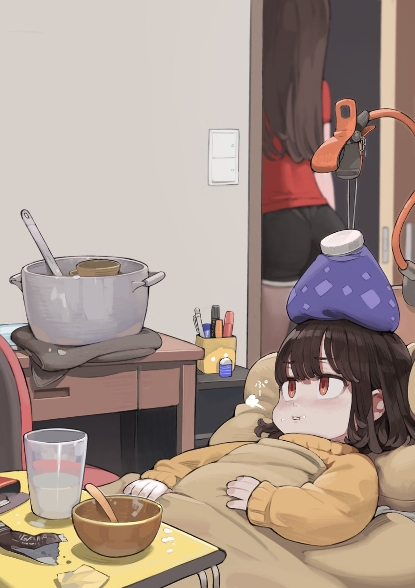 2girls bed blanket bowl brown_eyes brown_hair burp commentary_request cooking_pot cup door drinking_glass eraser food food_on_face food_wrapper glass highres ice_pack indoors jun_(seojh1029) ladle long_hair marker medium_hair multiple_girls open_door original pen red_shirt shirt shorts spoon string sweater under_covers