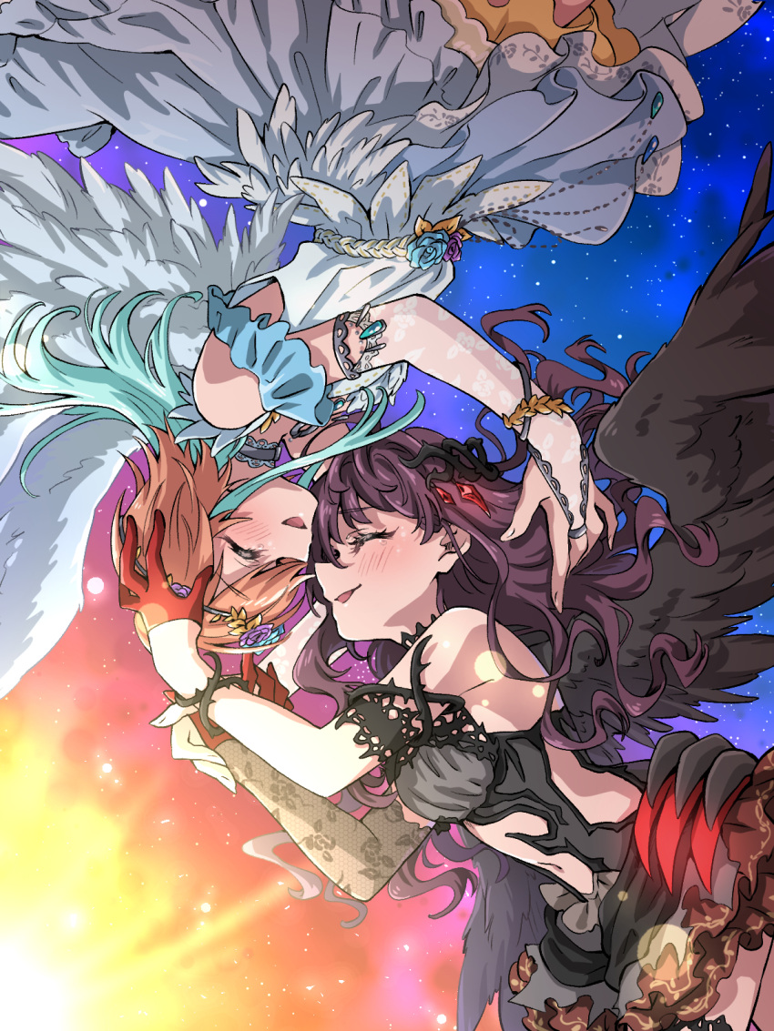 2girls :d arm_strap ayunyan_pere backless_dress backless_outfit black_wings blue_flower blue_hair blue_rose blush bridal_gauntlets brown_hair closed_eyes detached_sleeves dress floating_hair flower gem gloves half_gloves head_wreath highres ichinose_shiki idolmaster idolmaster_cinderella_girls layered_dress long_hair long_sleeves midriff multicolored_hair multiple_girls navel ninomiya_asuka open_mouth red_flower red_gemstone red_gloves red_rose revealing_clothes rose sky smile star_(sky) starry_sky stomach two-tone_hair white_dress white_sleeves white_wings wings