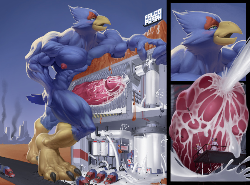 2022 absurd_res anonymous_artist anthro avian big_penis bird blue_body bodily_fluids cum erection facility falco_lombardi genital_fluids genitals hi_res humanoid_genitalia humanoid_penis internal machine macro male milking_machine mountain nintendo open_mouth penetration penile penis penis_milking precum solo star_fox truck_(vehicle) tunnel vehicle video_games worship