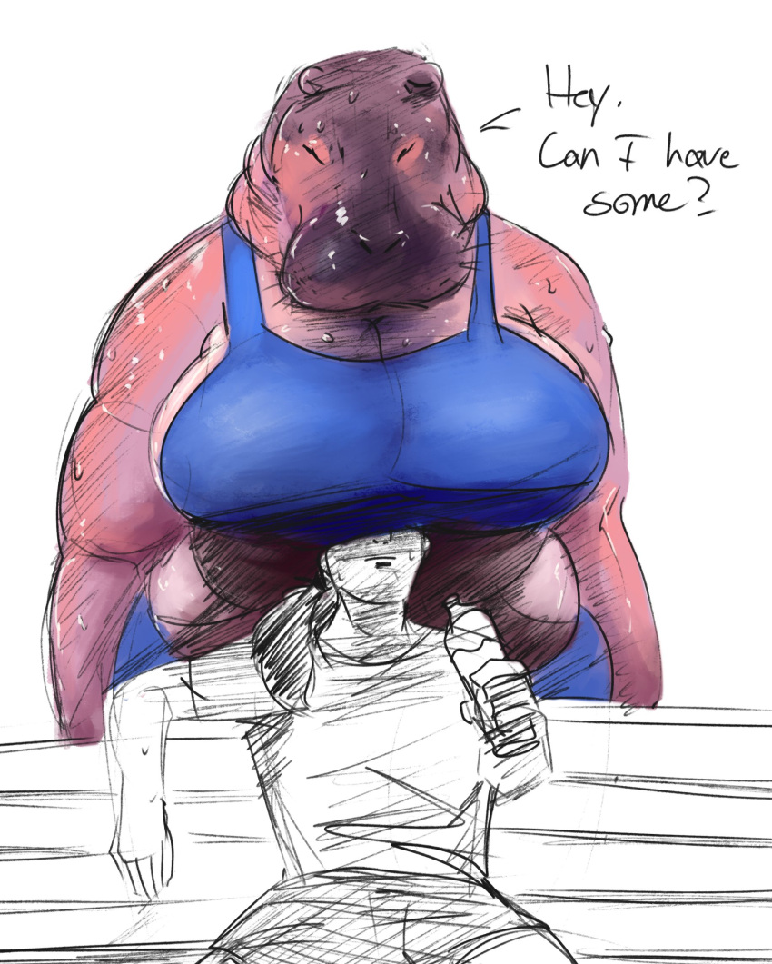 2022 anthro big_breasts bodily_fluids bra breasts clothing common_hippopotamus doctordj duo eyes_closed female hi_res hippopotamid huge_breasts human male mammal meme overweight overweight_anthro overweight_female sports_bra sweat these_aren't_my_glasses underwear