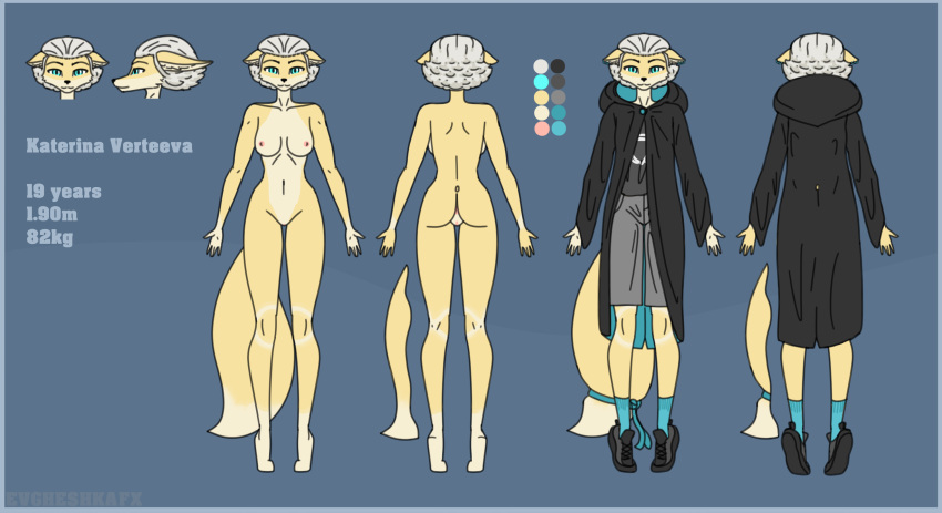 absurd_res anthro blue_eyes breasts canid canine cloak clothing dark_outfit evgheshkafx female footwear fox genitals hair hi_res looking_at_viewer mammal model_sheet nipples nude pussy shoes short_hair smile sneakers solo tall white_hair yellow_body