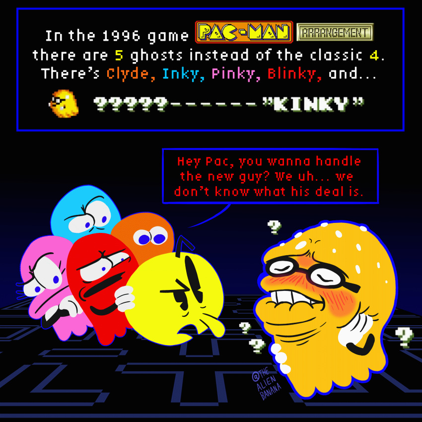 ... 2019 absurd_res animated bald bandai_namco bite biting_lip black_background black_eyes blinky_(pac-man) blue_background blue_body blue_eyes blush bodily_fluids clothing clyde_(pac-man) confusion crossed_arms dialogue dialogue_box earless english_text eyebrows eyelashes eyes_closed eyewear fact female floating frown ghost glasses gloves group hand_on_face hand_on_head handwear happy hi_res hiding_behind_another humor inky_(pac-man) kinky_(pac-man) legless long_nose looking_down looking_pleasured male maze nerd noseless not_furry o_o one_eye_half-closed open_mouth orange_body pac-man pac-man_(series) pac-man_arrangement pink_body pinky_(pac-man) pixel pupils question question_mark raised_eyebrow red_body simple_background small_pupils smile sphere_creature spirit sprite stare sweat teeth text the_truth thealienbanana toony video_games wide_eyed yellow_body yellow_nose yellow_skin