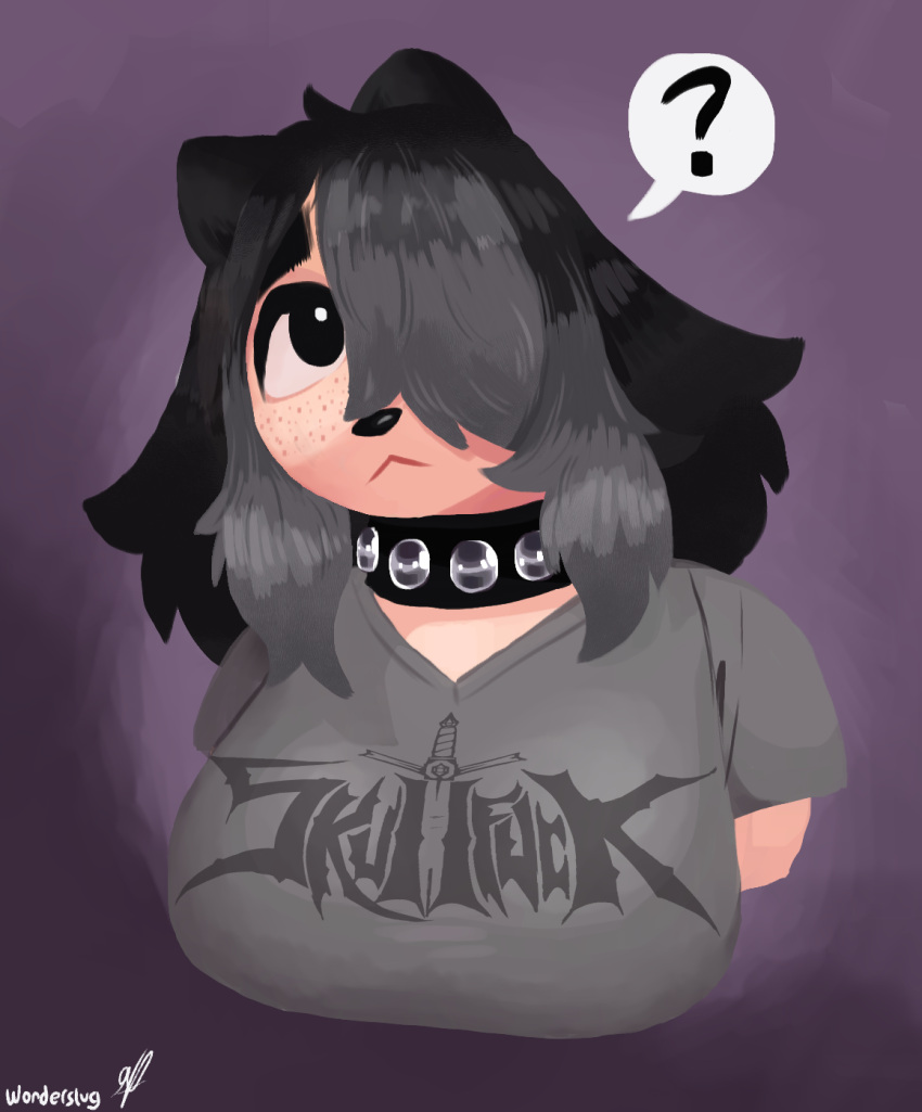 anise_(wonderslug) anthro band_shirt black_hair canid canine clothing collar female freckles gradient_background grey_highlights hair hair_over_eye hi_res highlights_(coloring) mammal one_eye_obstructed purple_background shirt simple_background solo studded_collar t-shirt topwear v-neck v-neck_shirt were werecanid werecanine werewolf wide_eyed wonderslug_(artist)