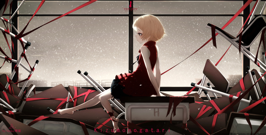 1girl absurdres backlighting bangs bare_legs bare_shoulders barefoot blonde_hair desk dress frilled_skirt frills highres kiss-shot_acerola-orion_heart-under-blade kizumonogatari meko_(mk) monogatari_(series) on_desk profile ribbon school_desk short_hair sitting sitting_on_desk skirt snow solo swinging_legs window yellow_eyes