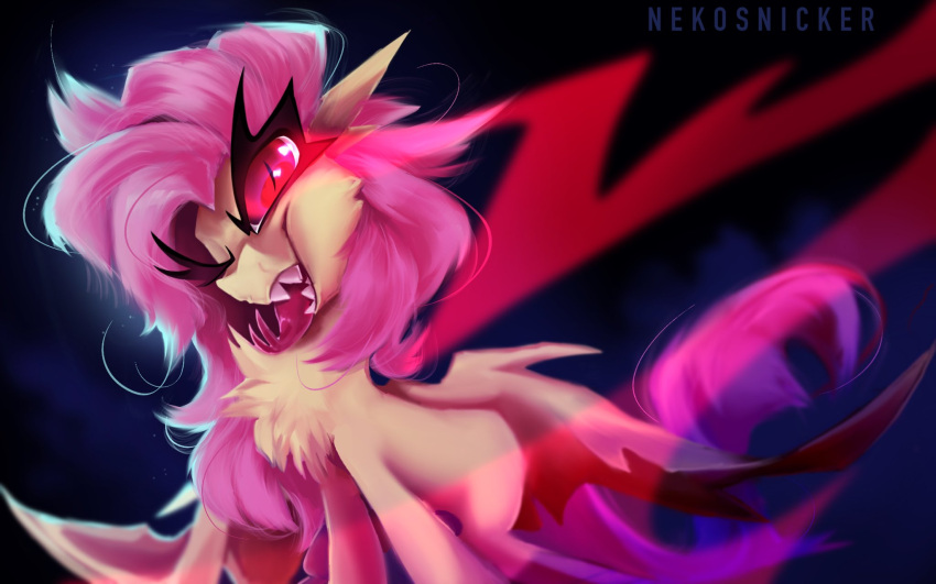 alternate_species bat chest_tuft equid equine fangs female feral flutterbat_(mlp) fluttershy_(mlp) forked_tongue friendship_is_magic glowing glowing_eyes hair hasbro hi_res hybrid mammal my_little_pony nekosnicker one_eye_closed painting_(artwork) pink_hair quadruped red_eyes sharp_teeth solo teeth tongue tongue_out tuft wings wink