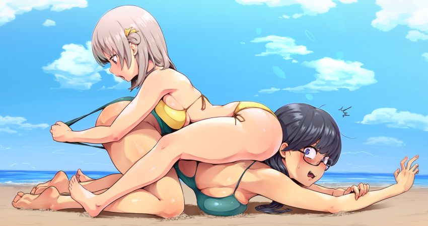 2girls absurdres ass bare_arms bare_legs bare_shoulders barefoot beach bikini black-framed_eyewear black_hair blue_eyes breast_press breasts clothes_pull dashi_namashi fang from_side full_body glasses green_swimsuit grey_hair highres large_breasts long_hair multiple_girls narrowed_eyes ocean one-piece_swimsuit open_mouth original pinned profile pulled_by_another purple_eyes side-tie_bikini sideboob sitting sitting_on_person sky soles string_bikini surprised swimsuit swimsuit_pull thick_thighs thighs top-down_bottom-up two_side_up wrestling yellow_bikini