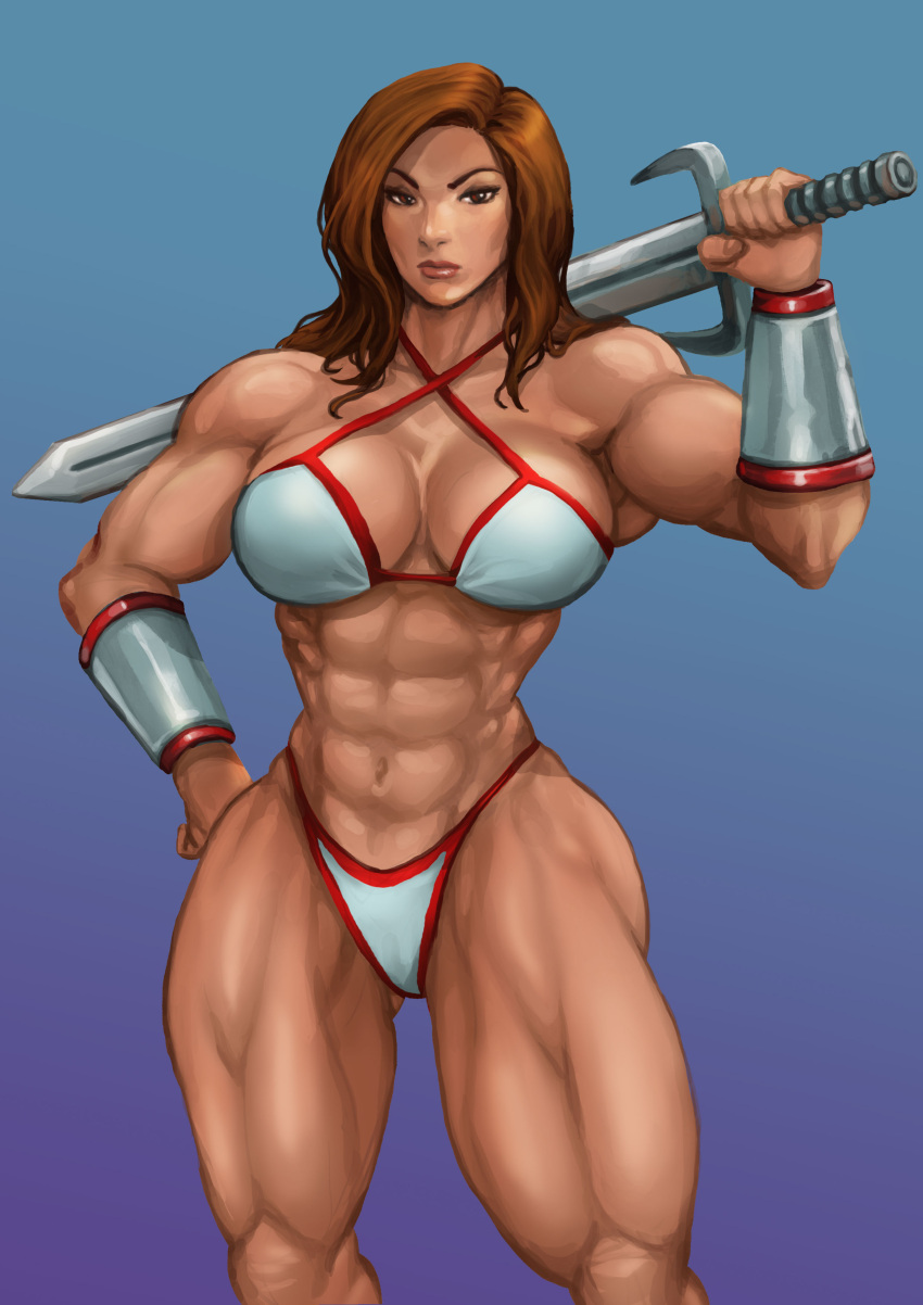 1girl abs absurdres armor bikini bikini_armor bracer breasts brown_eyes cleavage golden_axe highres holding holding_weapon large_breasts long_hair looking_at_viewer muscular muscular_female solo swimsuit sword testground thick_thighs thighs tyris_flare weapon weapon_on_back