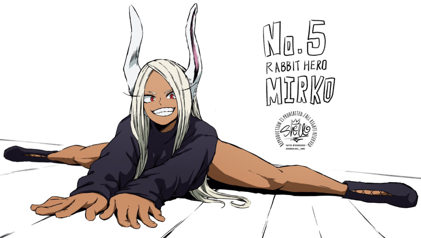 1girl animal_ears black_sweater blonde_hair boku_no_hero_academia dark-skinned_female dark_skin grin highres long_hair looking_at_viewer lying mirko on_stomach outstretched_arms rabbit_ears rabbit_girl red_eyes sherumaru_(korcht06) smile solo split sweater