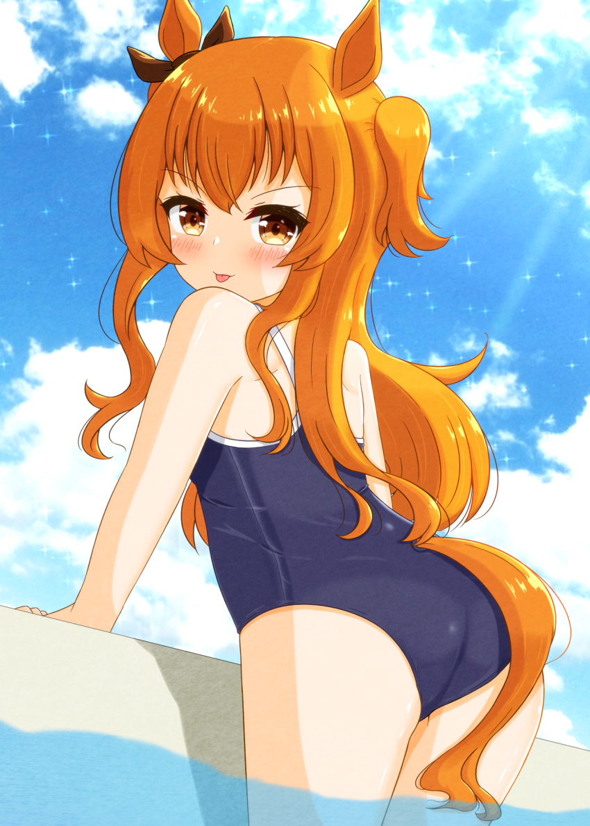 1girl :p animal_ears ass azuma_satsuki blue_swimsuit brown_eyes brown_hair cloud ear_ribbon highres horse_ears horse_girl horse_tail long_hair looking_at_viewer mayano_top_gun_(umamusume) one-piece_swimsuit outdoors pool poolside school_swimsuit sky smile solo swimsuit tail thighs tongue tongue_out two_side_up umamusume wading water