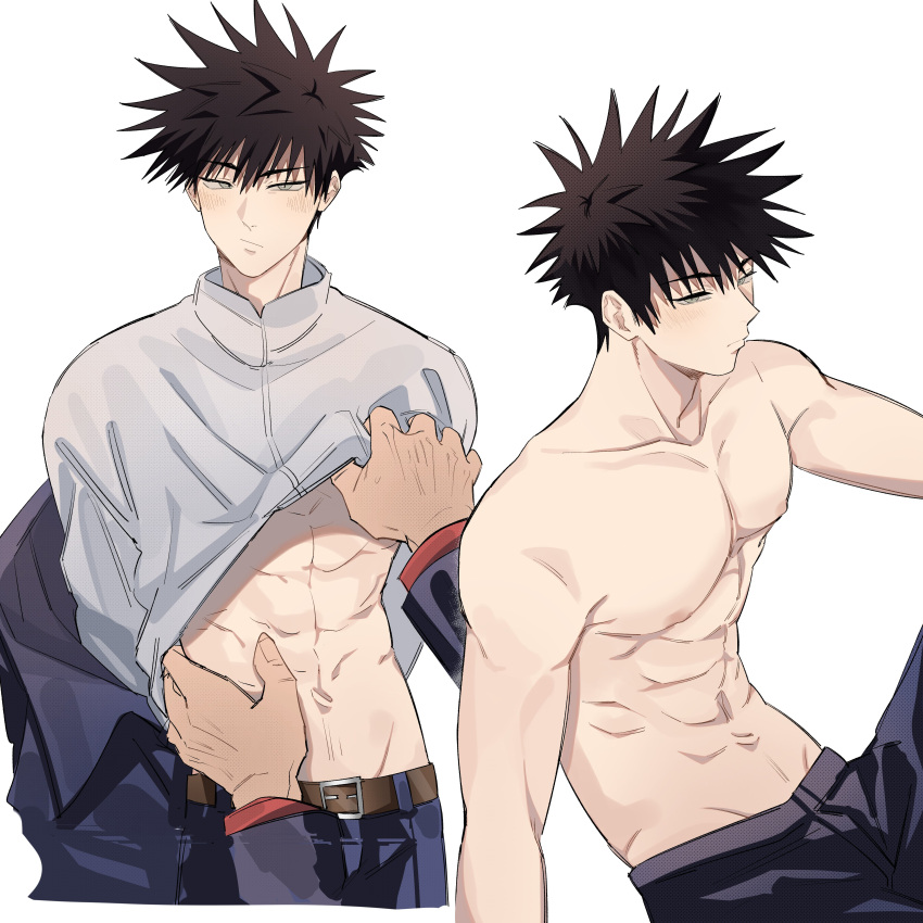 2boys abs absurdres bangs belt black_hair black_pants blush closed_mouth collarbone fushiguro_megumi green_eyes hair_between_eyes highres itadori_yuuji jacket jacket_partially_removed jujutsu_kaisen lifted_by_another long_sleeves male_focus multiple_boys navel nipples pants pectorals pink_hair shirt short_hair simple_background solo_focus somwang_07 spiked_hair stomach symbol-only_commentary toned toned_male topless_male undercut undressing white_background white_shirt yaoi