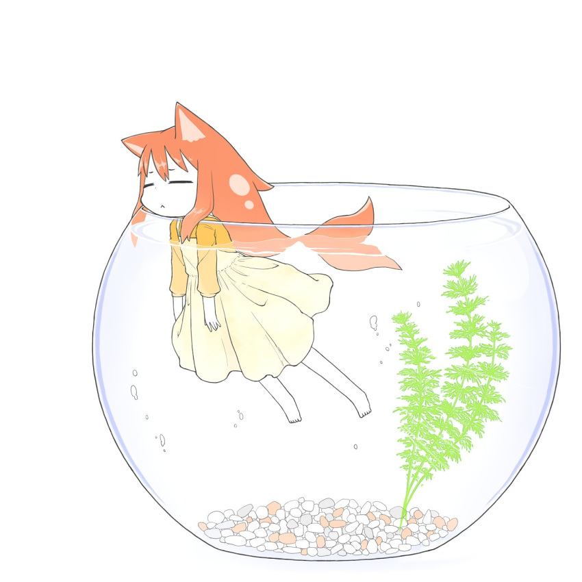 1girl :&lt; animal_ears barefoot bubble cat_ears closed_eyes closed_mouth colored_skin diode_(0_division) dress fins fish_girl fishbowl full_body highres long_hair long_sleeves orange_hair original partially_submerged shirt sidelocks simple_background solo white_background white_skin yellow_dress yellow_shirt